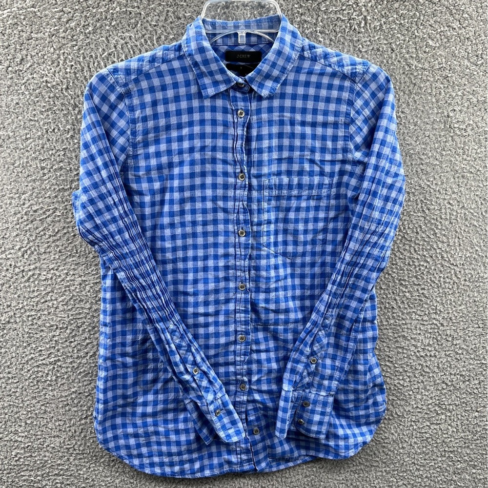 J Crew Womens Boy Shirt 00 Gingham Button Up Cotton Stretch Preppy Classic Work